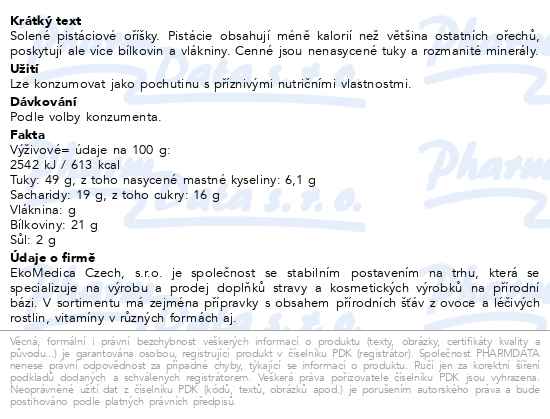 Pistácie solené 250 g Ekomedica - popis