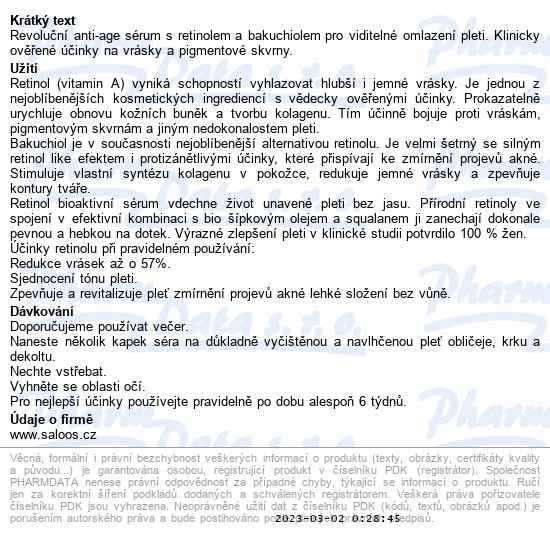 Saloos Retinol bioaktivní sérum Bio 50 ml - popis
