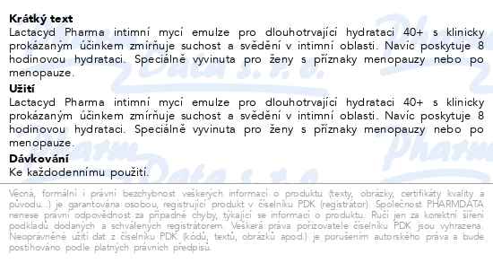 Lactacyd Pharma Intimní mycí emulze pro dlouhotrající hydrataci 40+ 250 ml - popis
