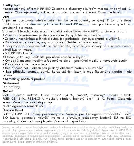 Hipp Menu Zelenina a těstoviny s kuřecím masem Bio 220 g - popis