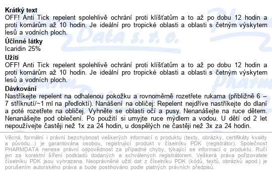 Off! Proti klíšťatům Repelent rozprašovač 100 ml - popis