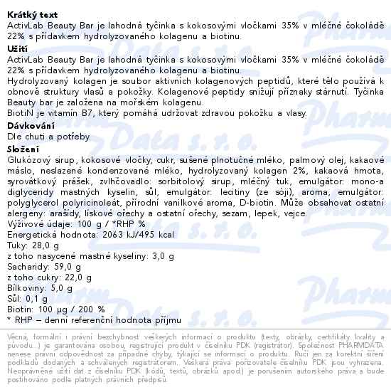 ActivLab Beauty Bar mléčná čokoláda a kokos 50 g - popis