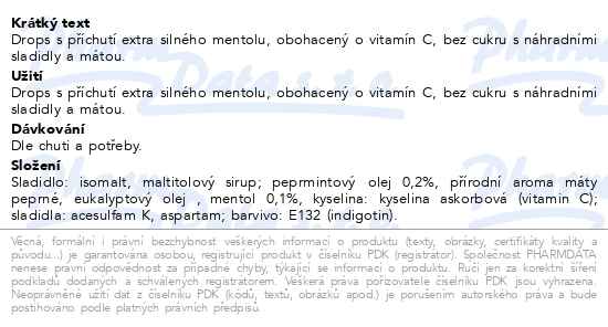 Vivil Extra silný mentol + vitamín C bonbóny bez cukru 120 g - popis