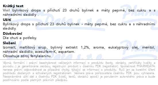 Vivil Byliny 23 druhů bonbóny bez cukru 120 g - popis