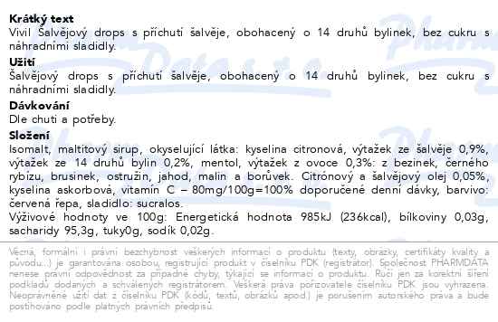 Vivil Šalvěj a 14 druhů bylin bonbóny bez cukru 120 g - popis