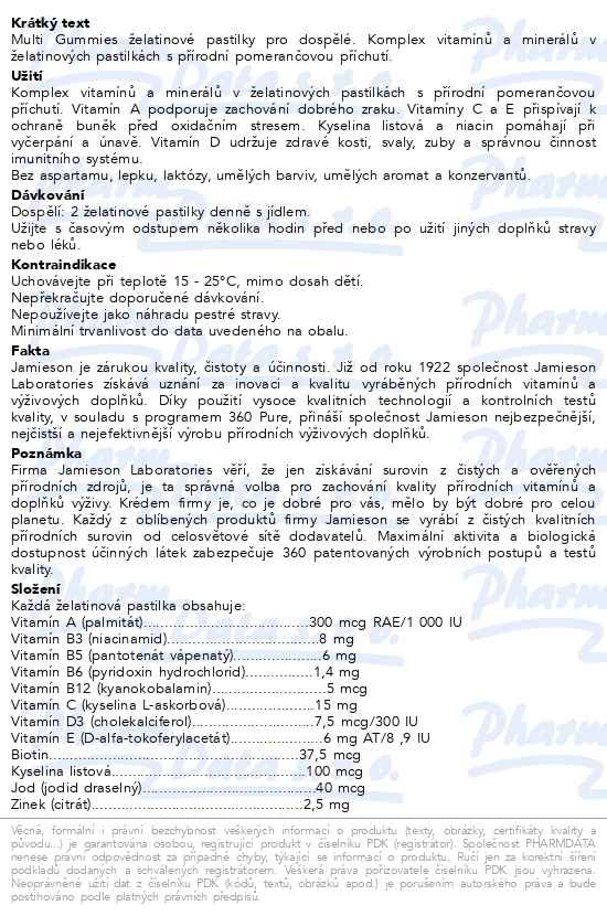 Jamieson Gummies Multi pro dospělé 150 želatinových pastilek - popis