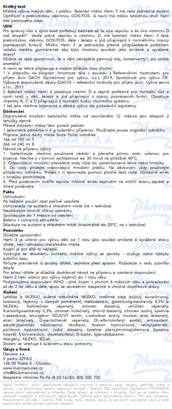 Hami 3 Batolecí mléko 600 g - popis