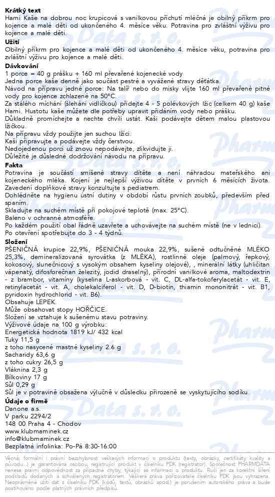 Hami Kaše na dobrou noc Krupicová s vanilkovou příchutí mléčná 210 g - popis