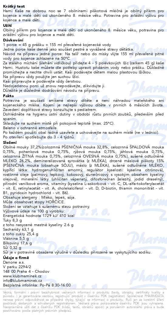 Hami Kaše na dobrou noc Mléčná se 7 obilninami piškotová 210 g - popis