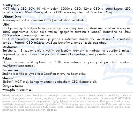 Pharma Activ CBD 30% full spectrum MCT olej 3000 mg 10 ml - popis