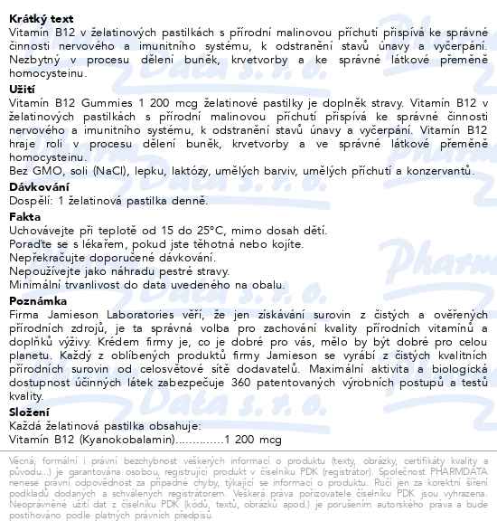 Jamieson Gummies Vitamín B12 1200 mcg 70 želatinových pastilek - popis