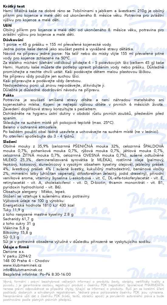 Hami Kaše na dobré ráno Mléčná se 7 obilninami s jablkem a švestkami 210 g - popis