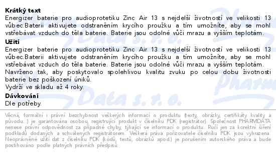 Energizer Baterie do naslouchadel Zinc Air 13 8ks - popis
