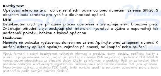 Vivaco Mrkvové opalovací mléko SPF20 150 ml - popis
