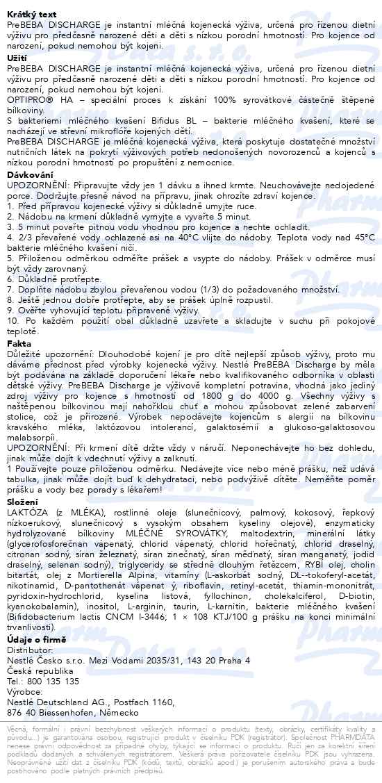 PreBeba Discharge Mléčná kojenecká výživa 400 g - popis