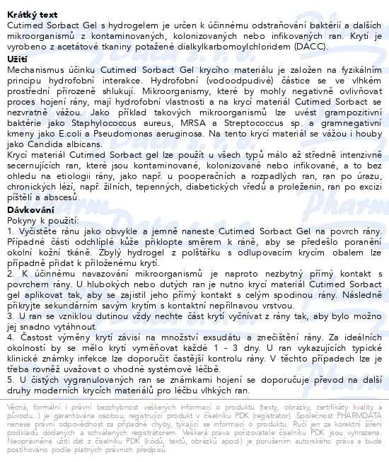 Cutimed Sorbact gel 7,5cmx15 cm antimikrobiální krytí s hydrogelem 10 kusů - popis