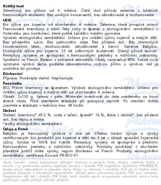 Babybio Brambory-špenát 4m+ 2x 130 g - popis