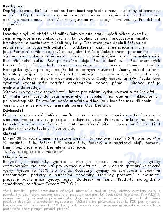 Babybio Mrkev, vepřové maso, čočka, brambory, pastinak 15m+ 260 g - popis