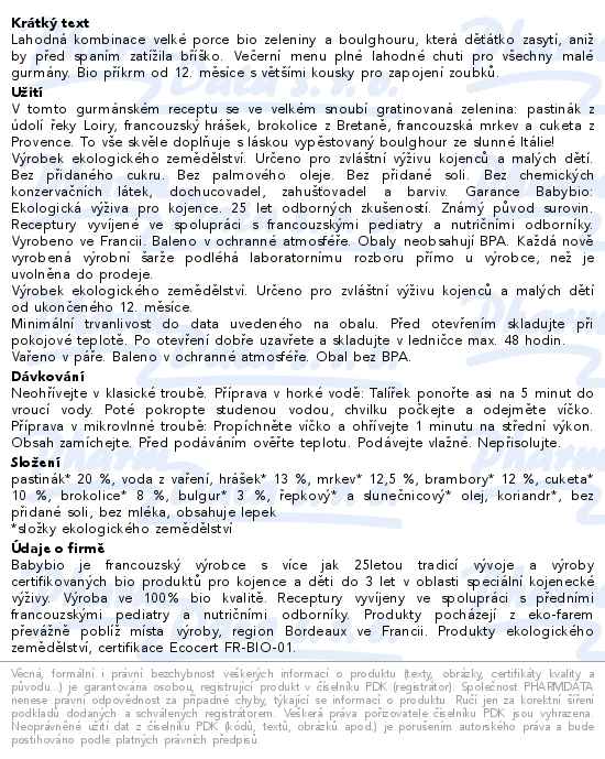 Babybio Večerní menu zelená zelenina, pastinák a bulgur 12m+ 230 g - popis