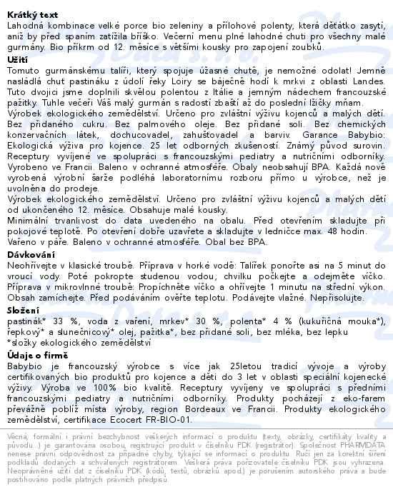 Babybio Večerní menu pastinák-mrkev-polenta 12m+ 230 g - popis