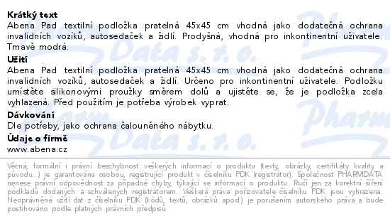 Inkontinenční podložka Abena Pad textilní, pratelná 45 x 45 cm 1ks - popis