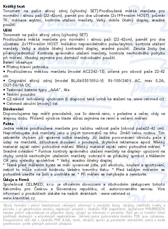Tonometr digitální Celimed Cl3 pažní se síťovým zdrojem - popis