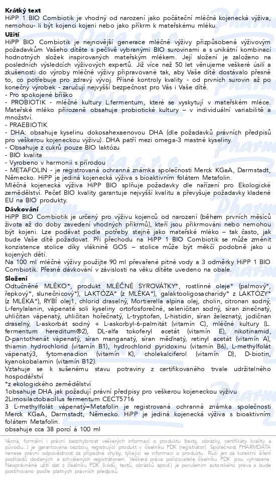 Hipp Mléko 1 Bio Combiotik 500 g - popis