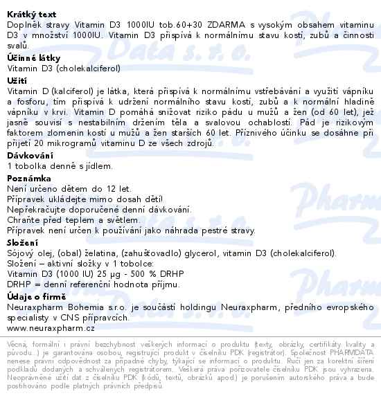 Vitamin D3 1000IU 60+30 tobolek zdarma - popis