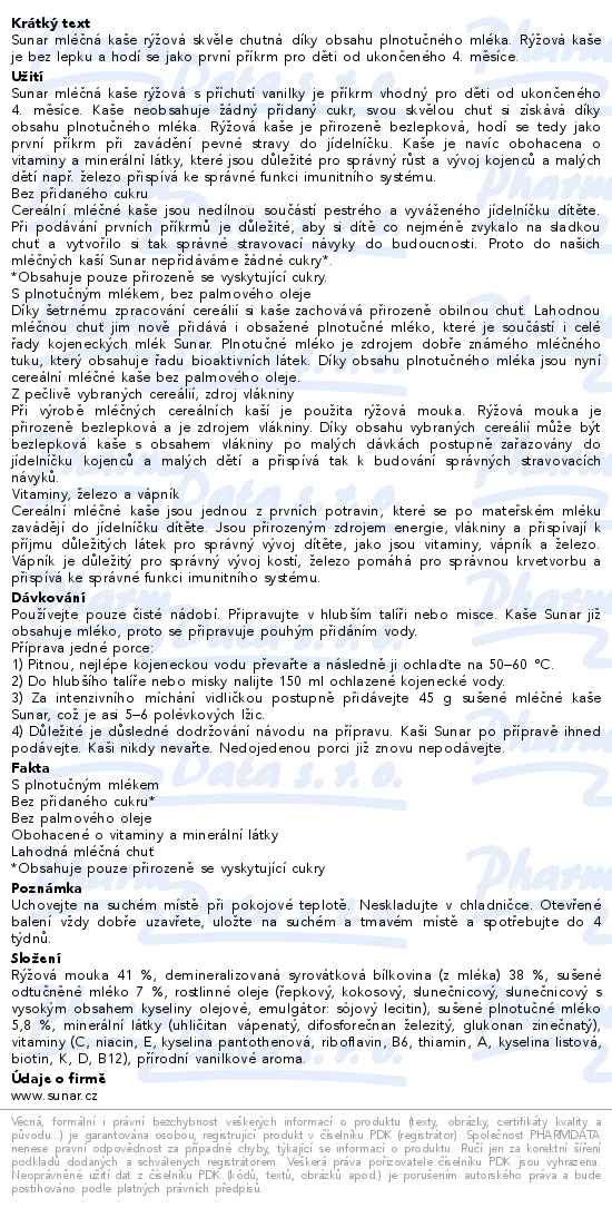 Sunar Mléčná rýžová kaše vanilka 210 g - popis