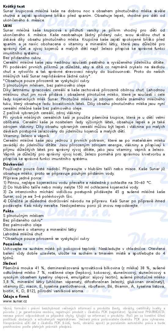 Sunar Na Dobrou Noc Mléčná krupicová kaše vanilka 210 g - popis