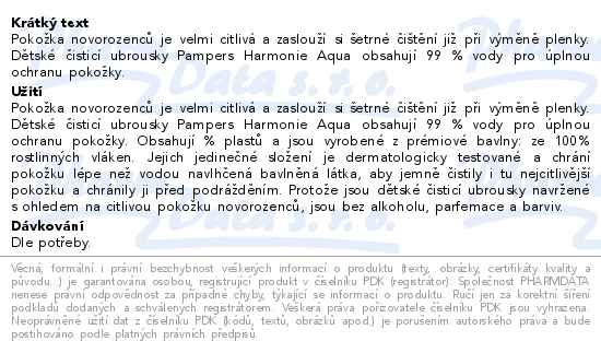 Pampers Harmonie Aqua čisticí ubrousky 48 kusů - popis
