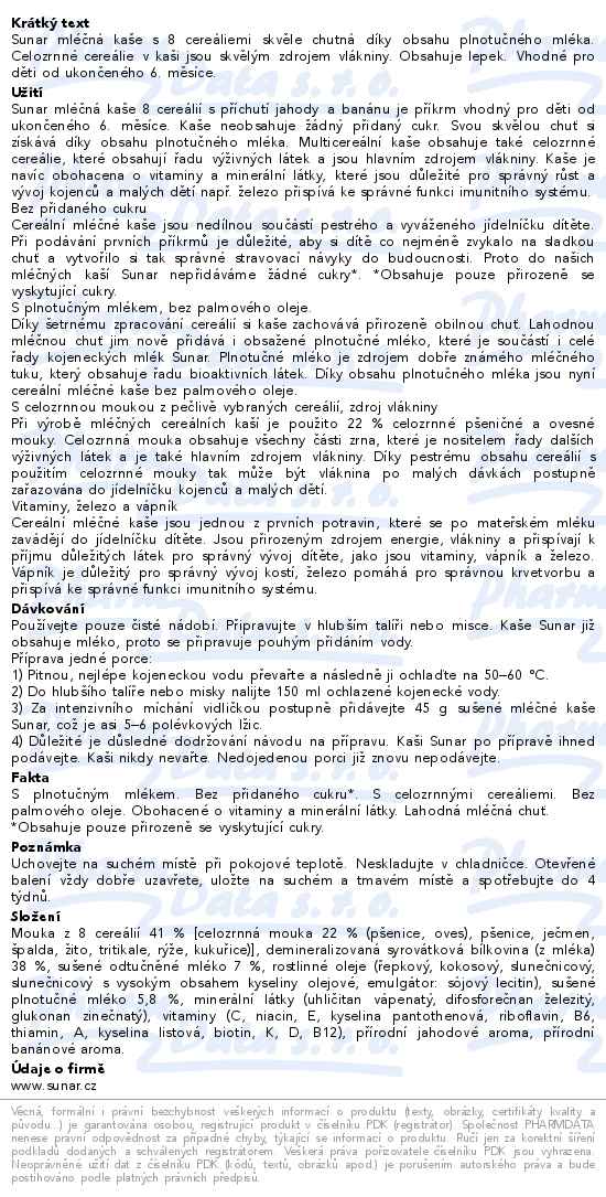 Sunar Mléčná Kaše 8 Cereálií jahoda/banán 6m+ 210g - popis