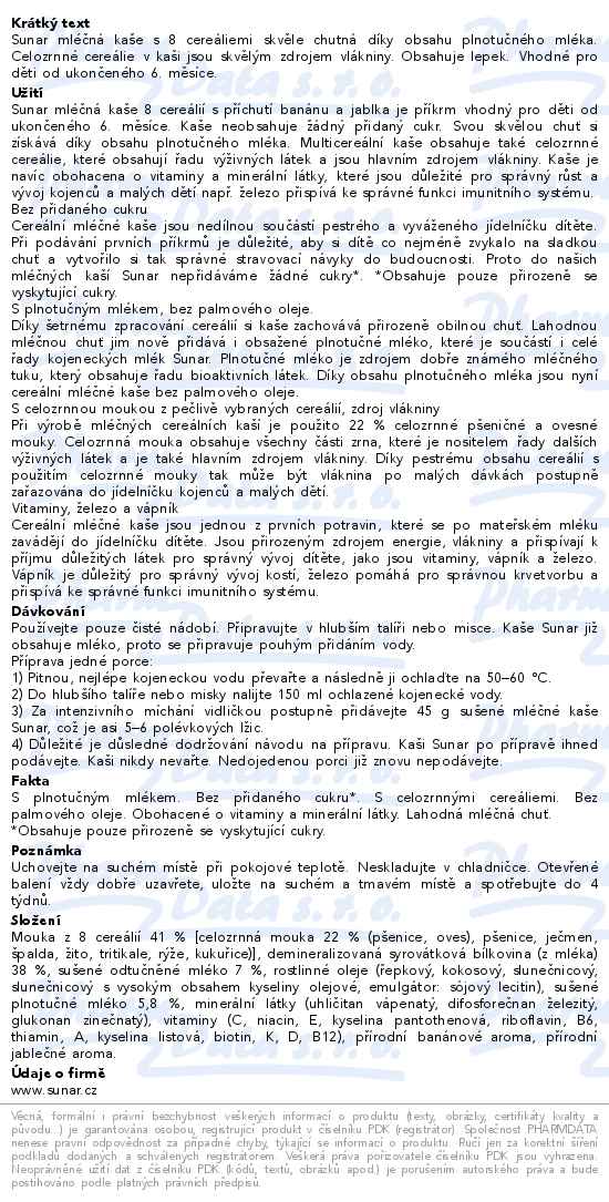 Sunar Mléčná kaše 8 Cereálií banán/jablko 6m+ 210 g - popis