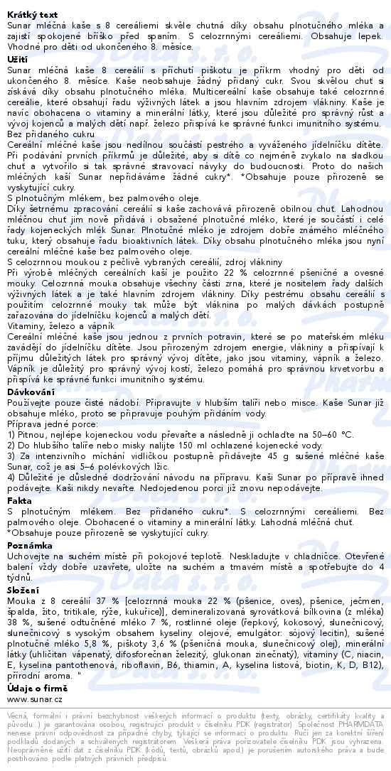 Sunar Mléčná Kaše 8 Cereálií piškotová 8m+ 210 g - popis