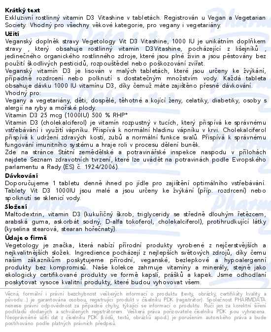 Vegetology VITD3 Vitashine 1000IU 60 tablet - popis