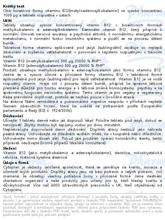 Cytoplan Vitamín B12 500µ/500µ 60 tablet - popis