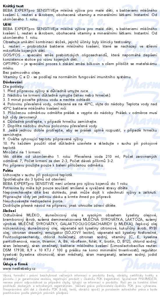 Beba Expertpro Sensitive batolecí mléko od ukončeného 1. roku 800 g - popis