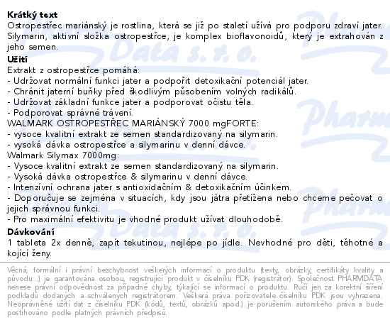 Walmark Ostropestřec mariánský 7000 mg 30 tablet - popis
