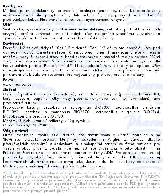 Medicol+ vláknina/enzymy/živé kultury 180g - popis