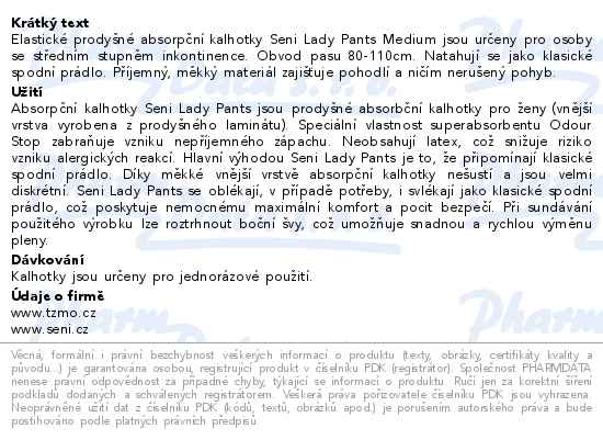 Seni Lady Pants Medium inkontinenční plenkové kalhotky 10ks - popis