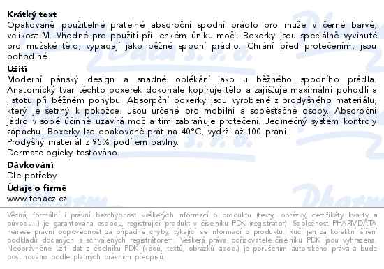 Tena Men Washable Boxers M černé inkontinenční boxerky 1ks 84944 - popis