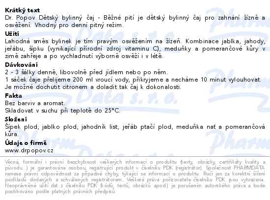 Dr.Popov Dětský bylinný čaj - Běžné pití 20 x 1.5 g - popis