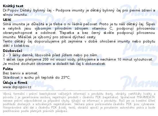 Dr.Popov Dětský bylinný čaj - Podpora imunity 20 x 1.5 g - popis