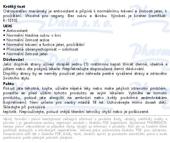 Solgar Milk Thistle Ostropestřec mariánský 100 mg 50 kapslí - popis
