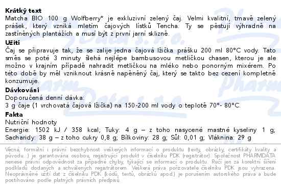 Matcha zelený čaj BIO 100g Wolfberry - popis
