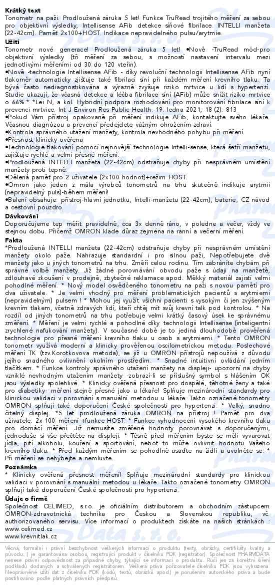 Tonometr OMRON M6 Comfort AFib pažní 5let záruka - popis