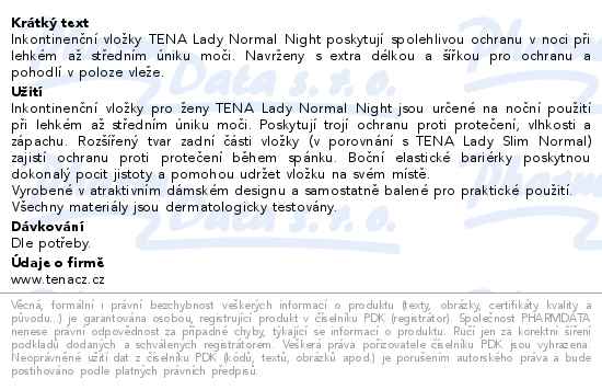 Tena Lady Protect+ Normal Night inkontinenční vložky 10ks 760765 - popis