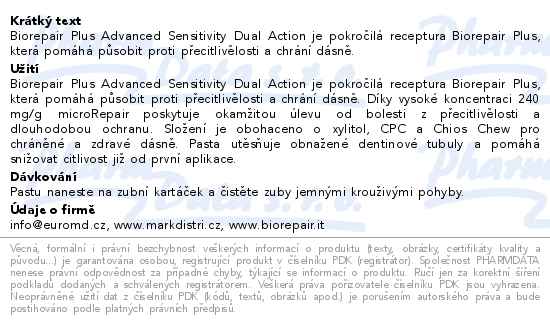 Biorepair Plus Advanced Sensitivity Double Action 75 ml zubní pasta - popis