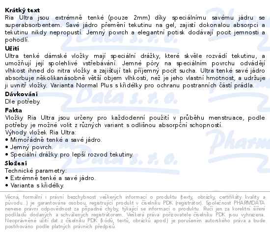 Ria Ultra Normal Plus menstruační vložky 9 ks - popis