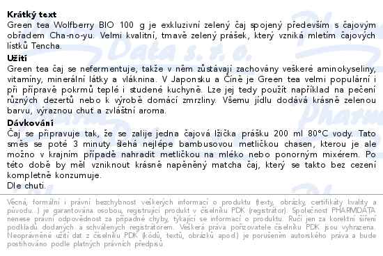 Green tea powder BIO 100 g Wolfberry - popis